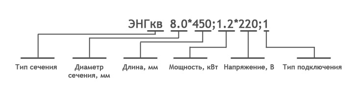 ЭНГ[тип сечения] диаметр сечения*длина;мощность*напряжение;тип подключения